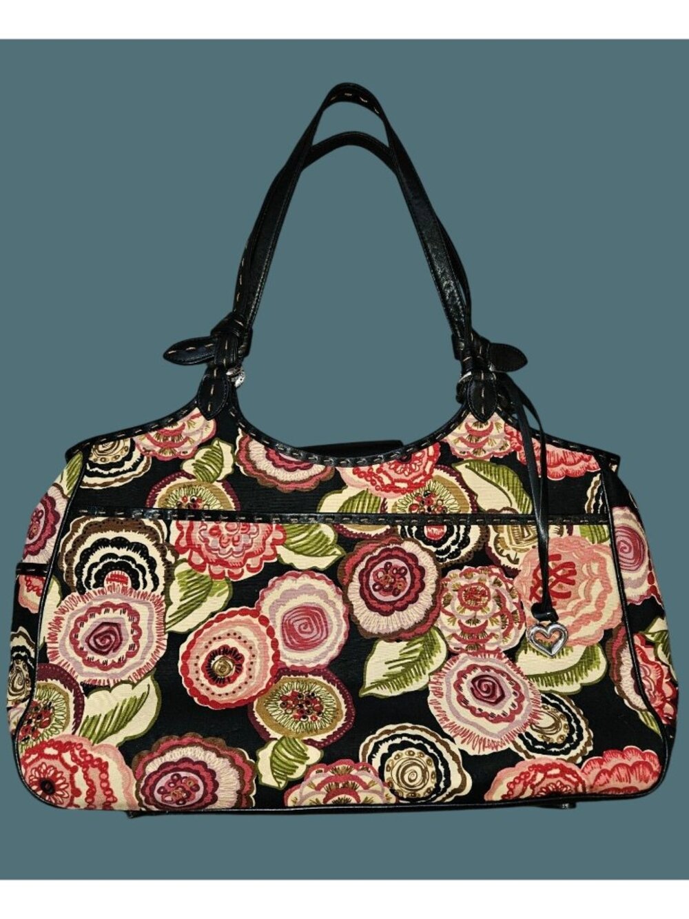 Brighton Canvas/Leather Colorful Floral Boho Hobo Stitched Tote Shoulder Bag - Picture 3 of 16